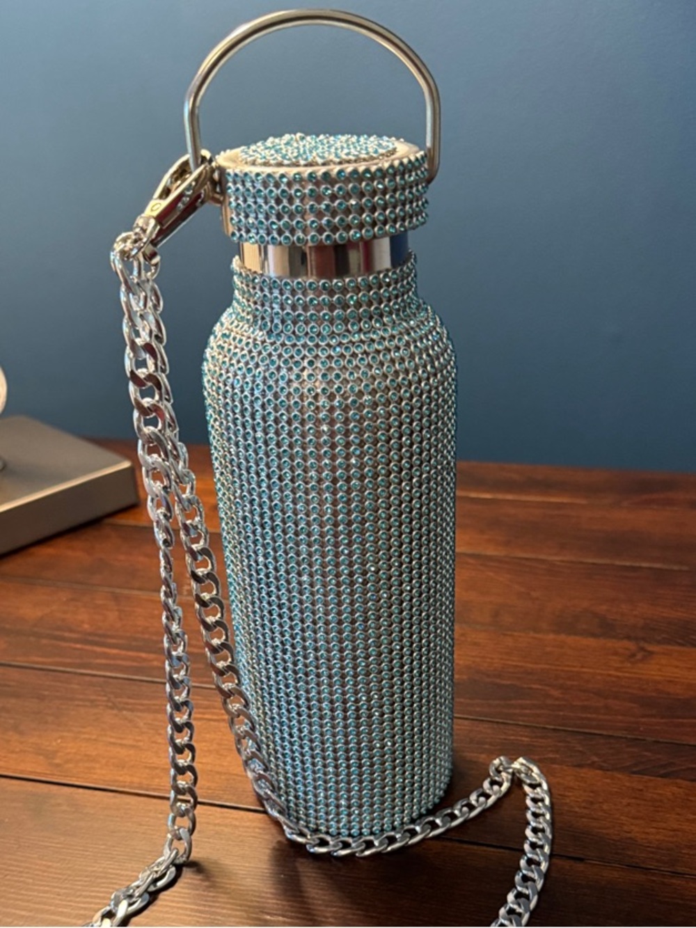Sparkling Blue Rhinestone Stainless Water Bottle with Chain